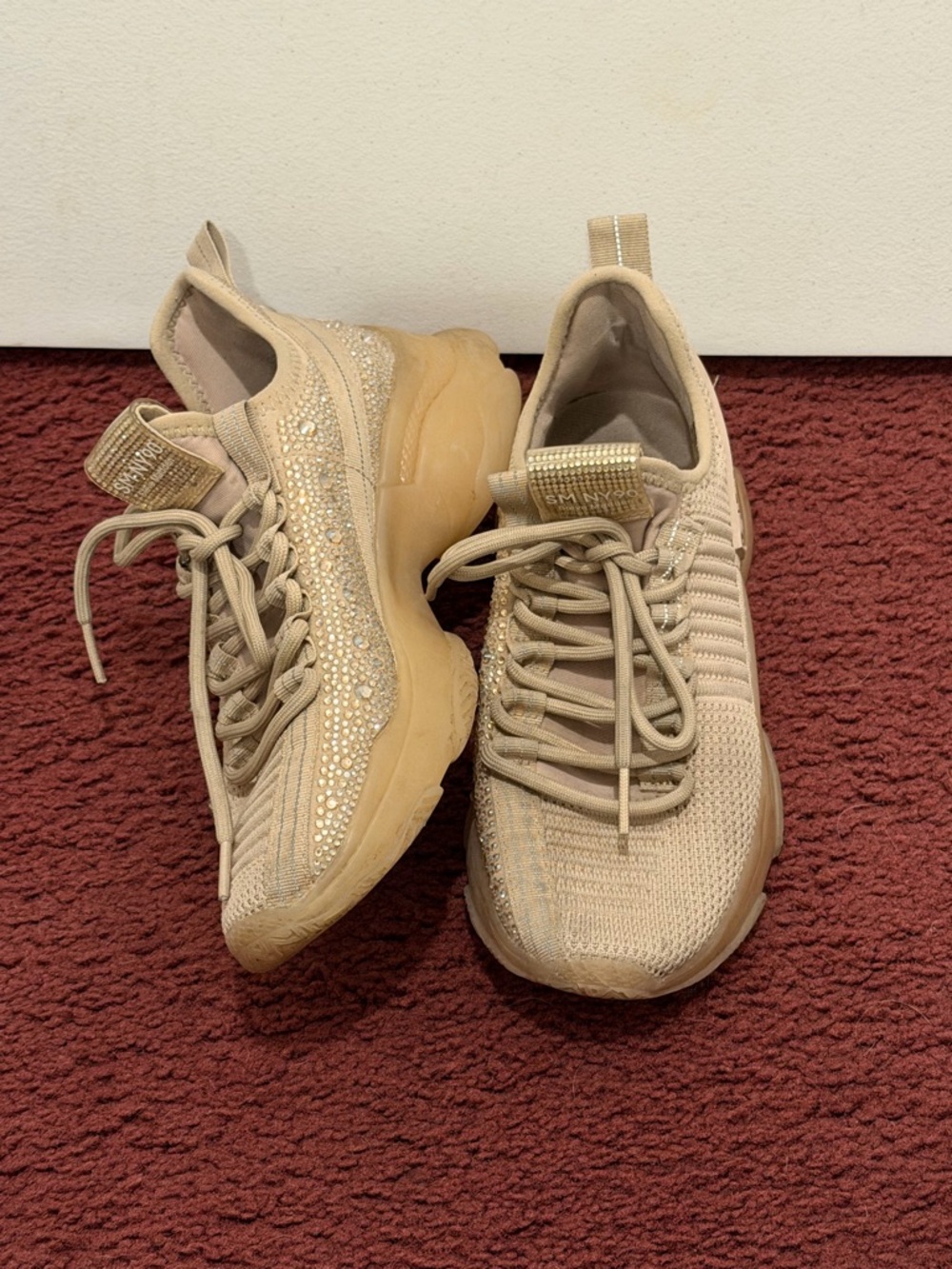 Steve Madden Beige Knit Sneakers with Crystal Accents